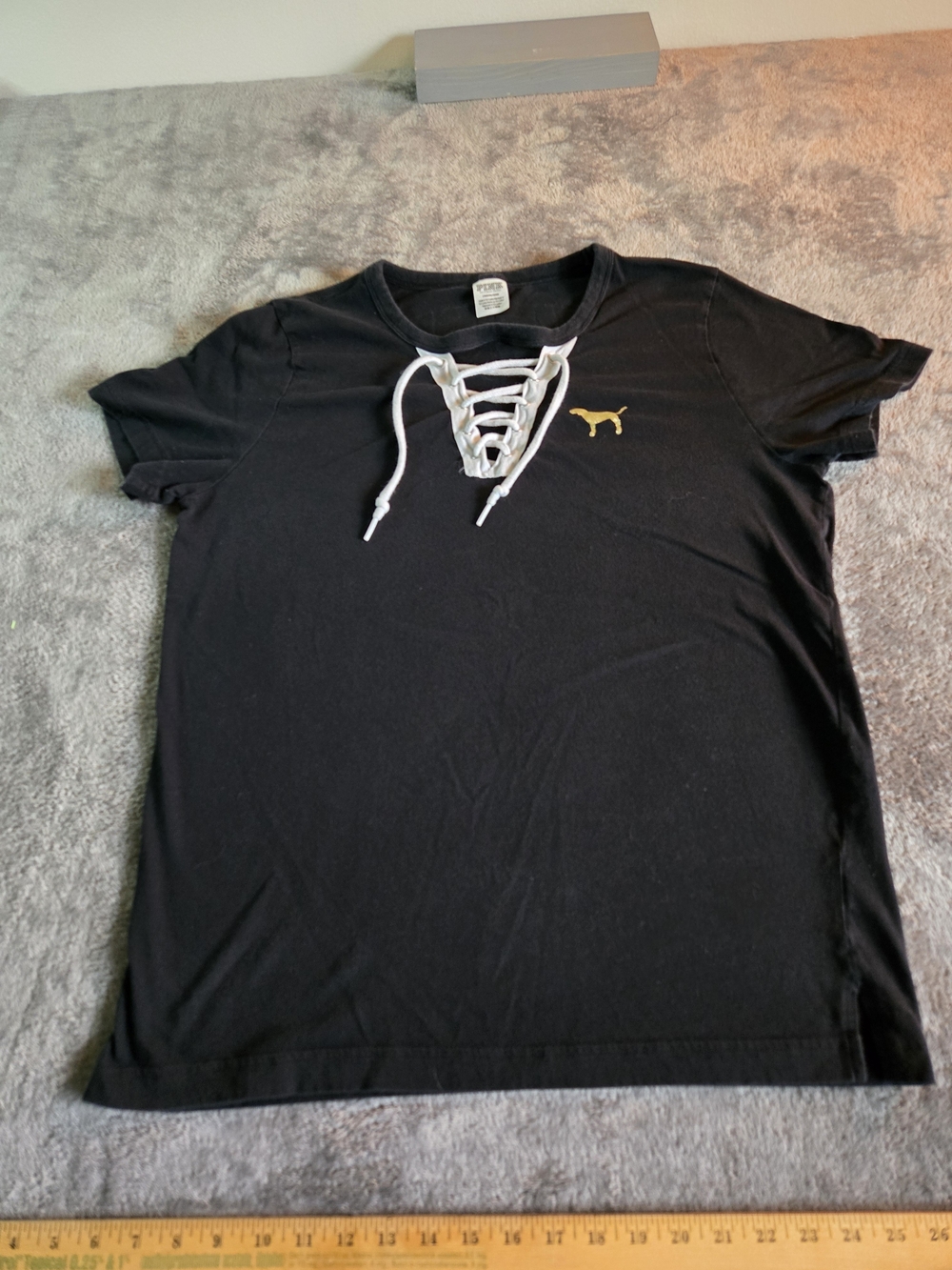 PINK Victoria's Secret Black Short Sleeve Lace-Up Tee with Gold Logo